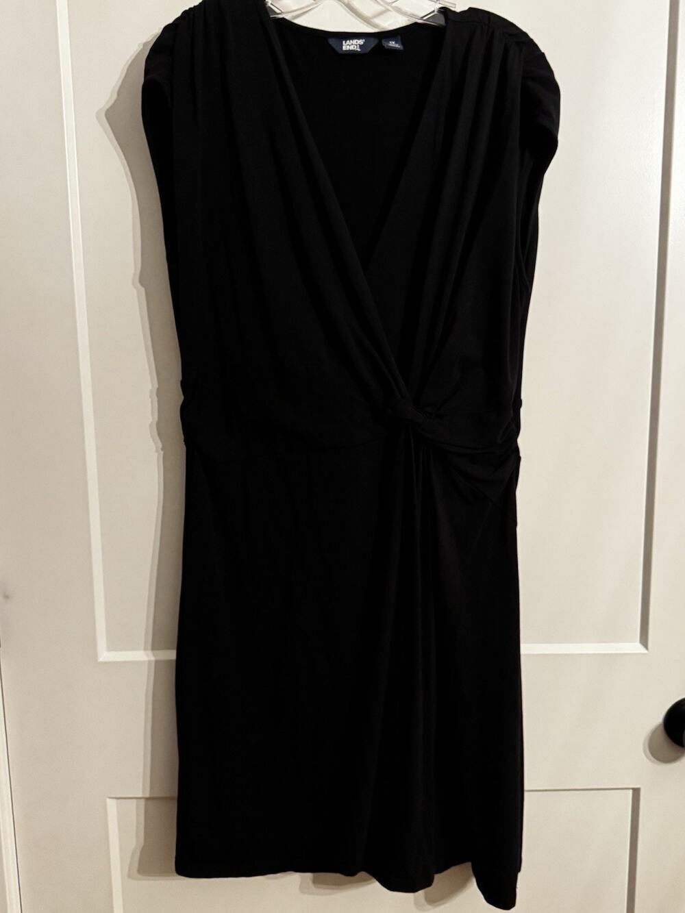 Lands End Faux Wrap Cap Sleeve V Neck Dress Sz 1X Black Stretch Twist LBD